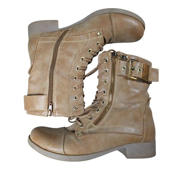 G By Guess Berlyn Women's Tan Combat Boot Sz 8 Lace and Zip Up Gorpcore Gold Zip - Picture 1 of 10